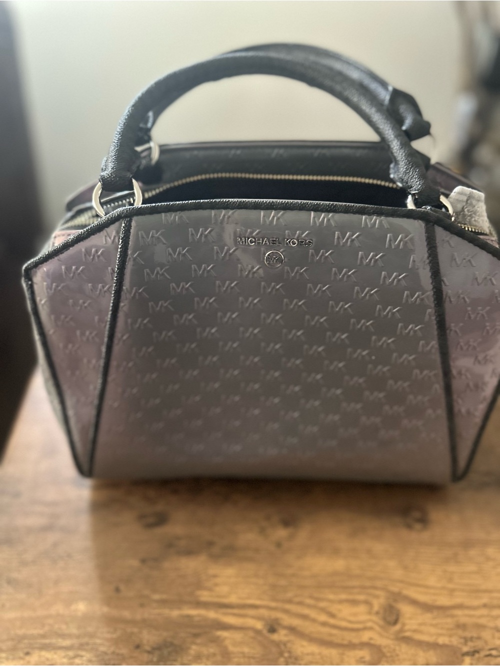 Michael Kors Gray MK Monogram Satchel with Black Trim